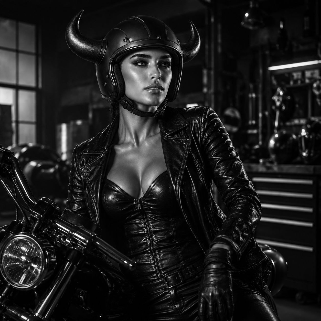 The $BULLCY horned helmet figure in a leather outfit on a motorcycle